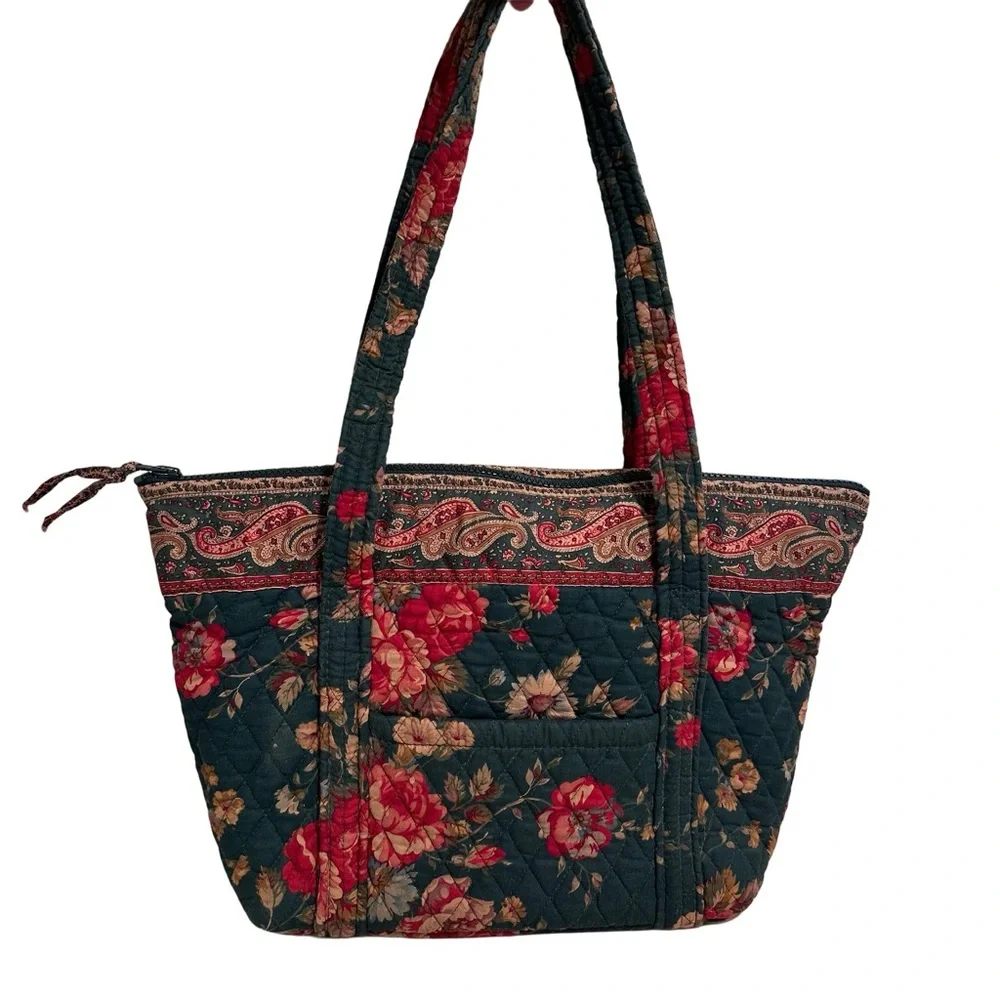 80s Vintage Vera Bradley Greenbriar Red Roses Quilted Floral Tote Shoulder Bag